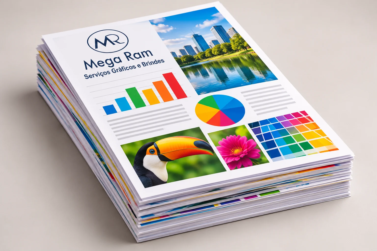 Impressão colorida — simulação com a identidade Mega Ram